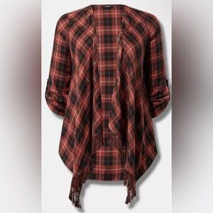 Plaid Fringe Cardigan - Red and Black